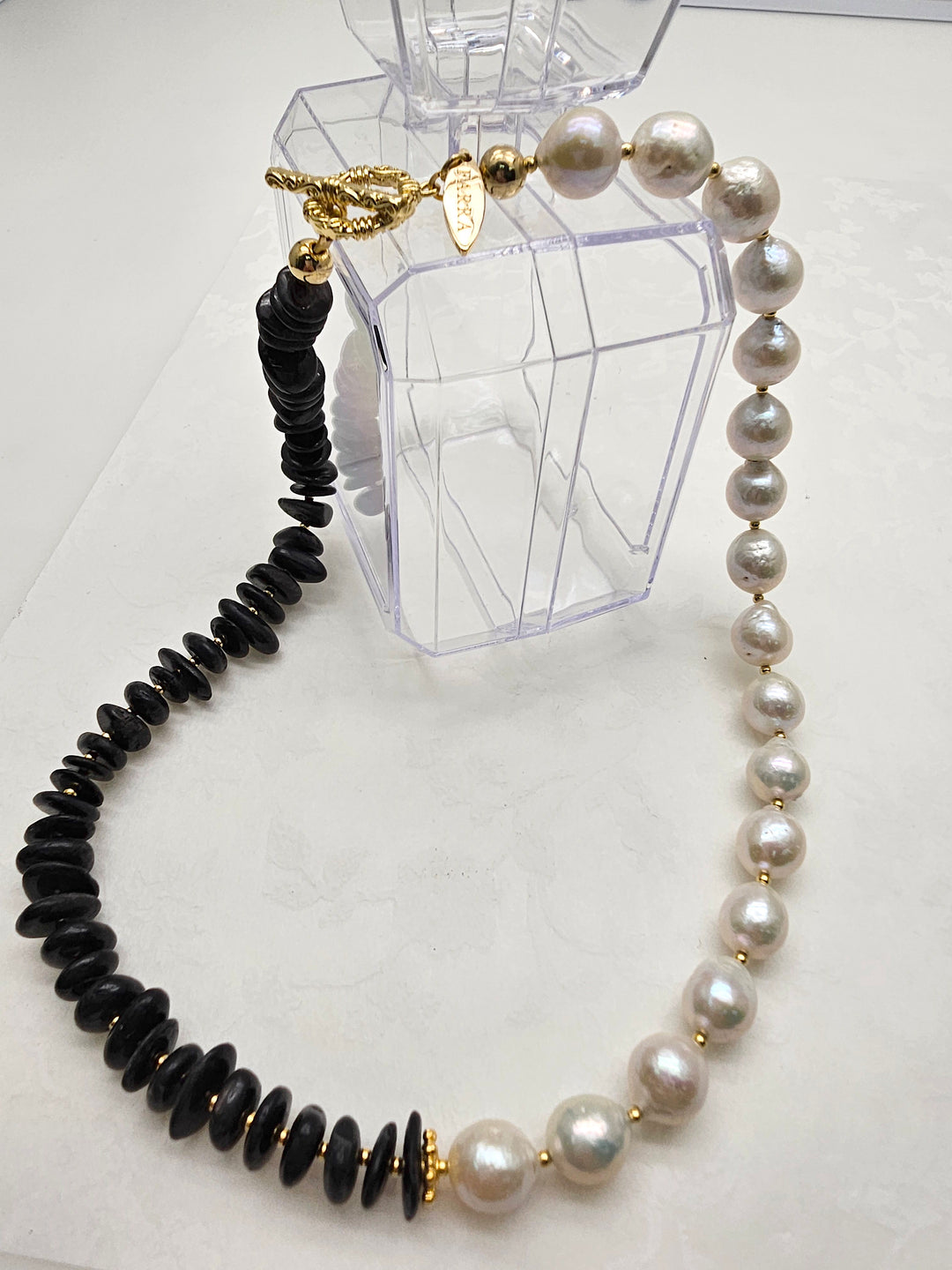 Timeless Black Tourmaline And White Freshwater Pearls Necklace QN039