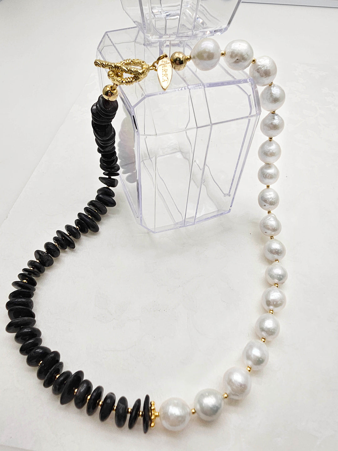Timeless Black Tourmaline And White Freshwater Pearls Necklace QN039