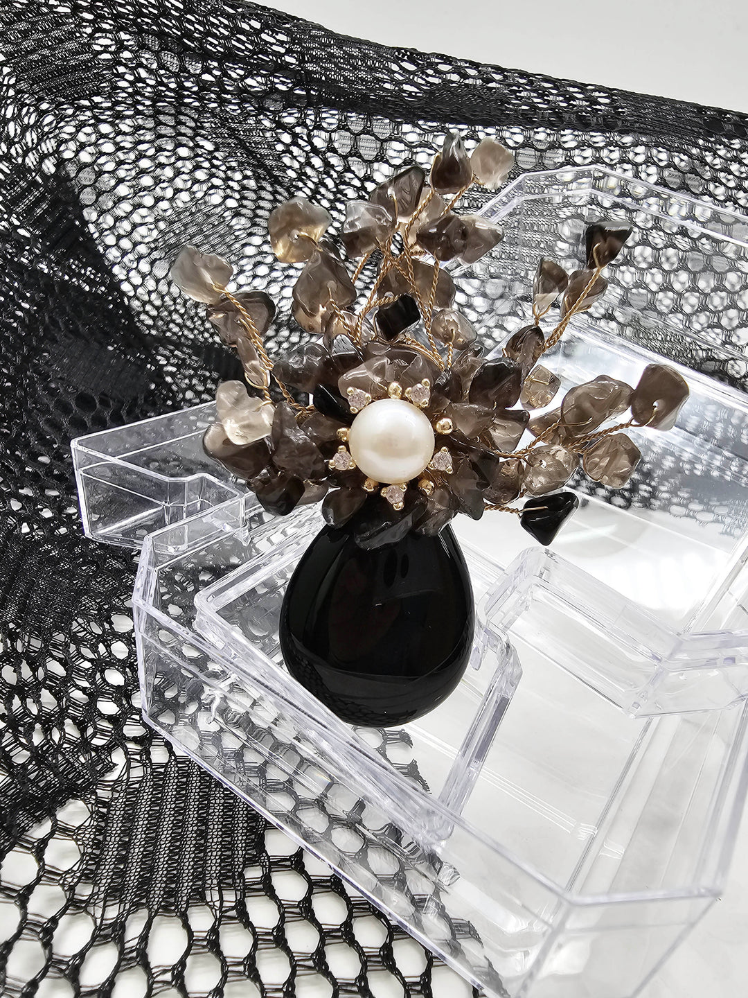 Elegant Black Rutilated Quartz Floral Brooch QP007