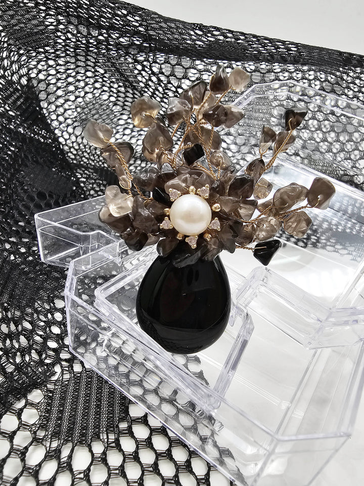 Elegant Black Rutilated Quartz Floral Brooch QP007