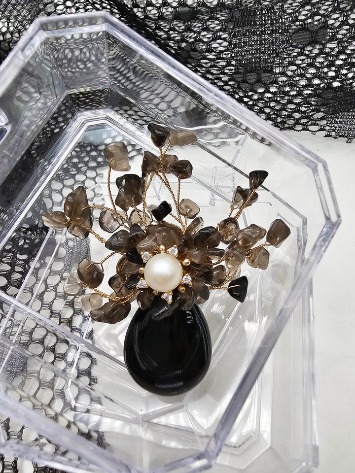 Elegant Black Rutilated Quartz Floral Brooch QP007