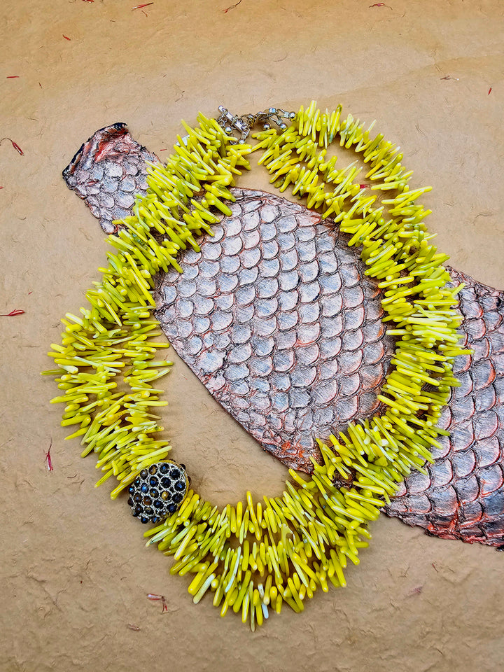 Bohemian Vibrant Multi-Layer Yellow Coral Bamboo Statement Necklace QN001
