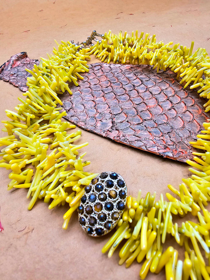 Bohemian Vibrant Multi-Layer Yellow Coral Bamboo Statement Necklace QN001