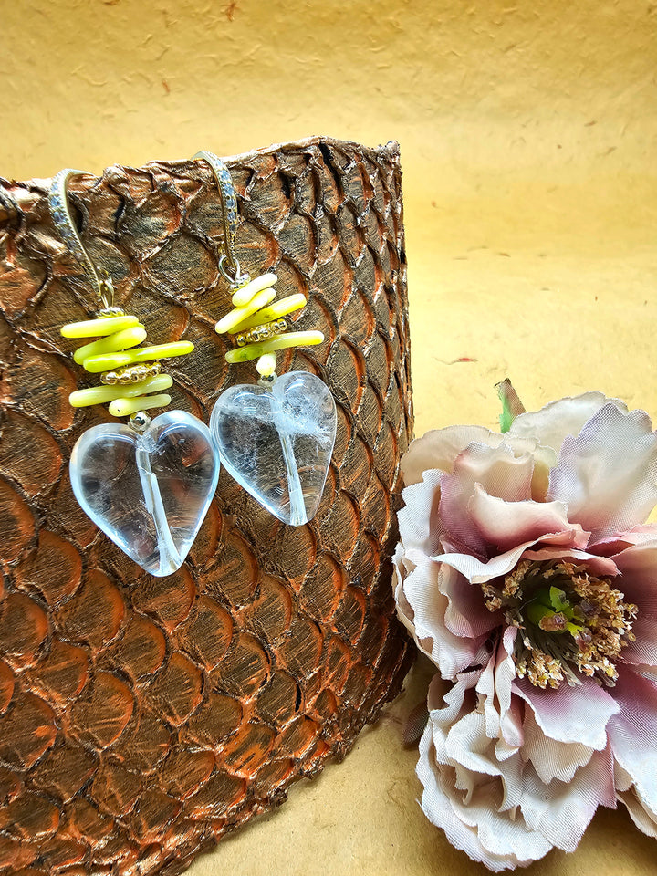 White Quartz Heart and Yellow Bamboo Coral Earrings QE004