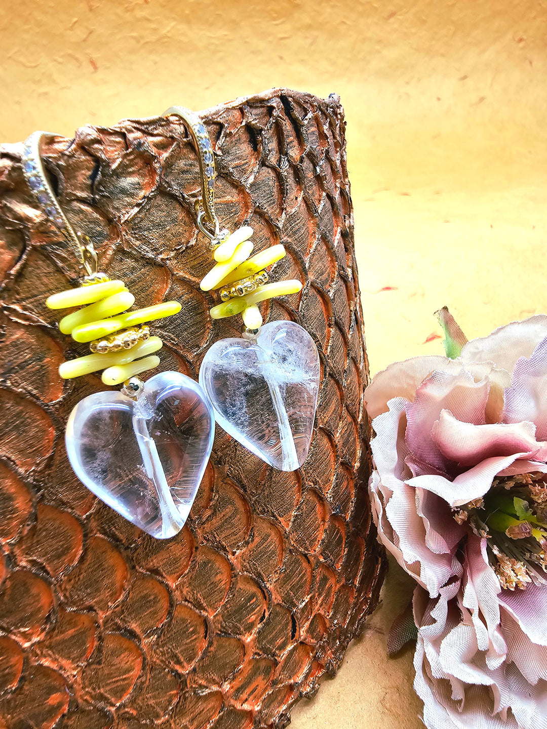White Quartz Heart and Yellow Bamboo Coral Earrings QE004
