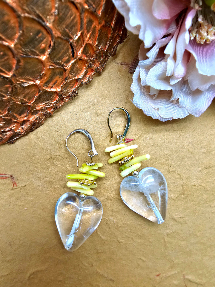 White Quartz Heart and Yellow Bamboo Coral Earrings QE004