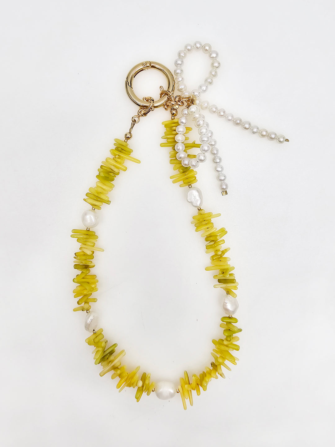 Yellow Bamboo Coral With Bowknot Freshwater Pearl Bag Charm BC019