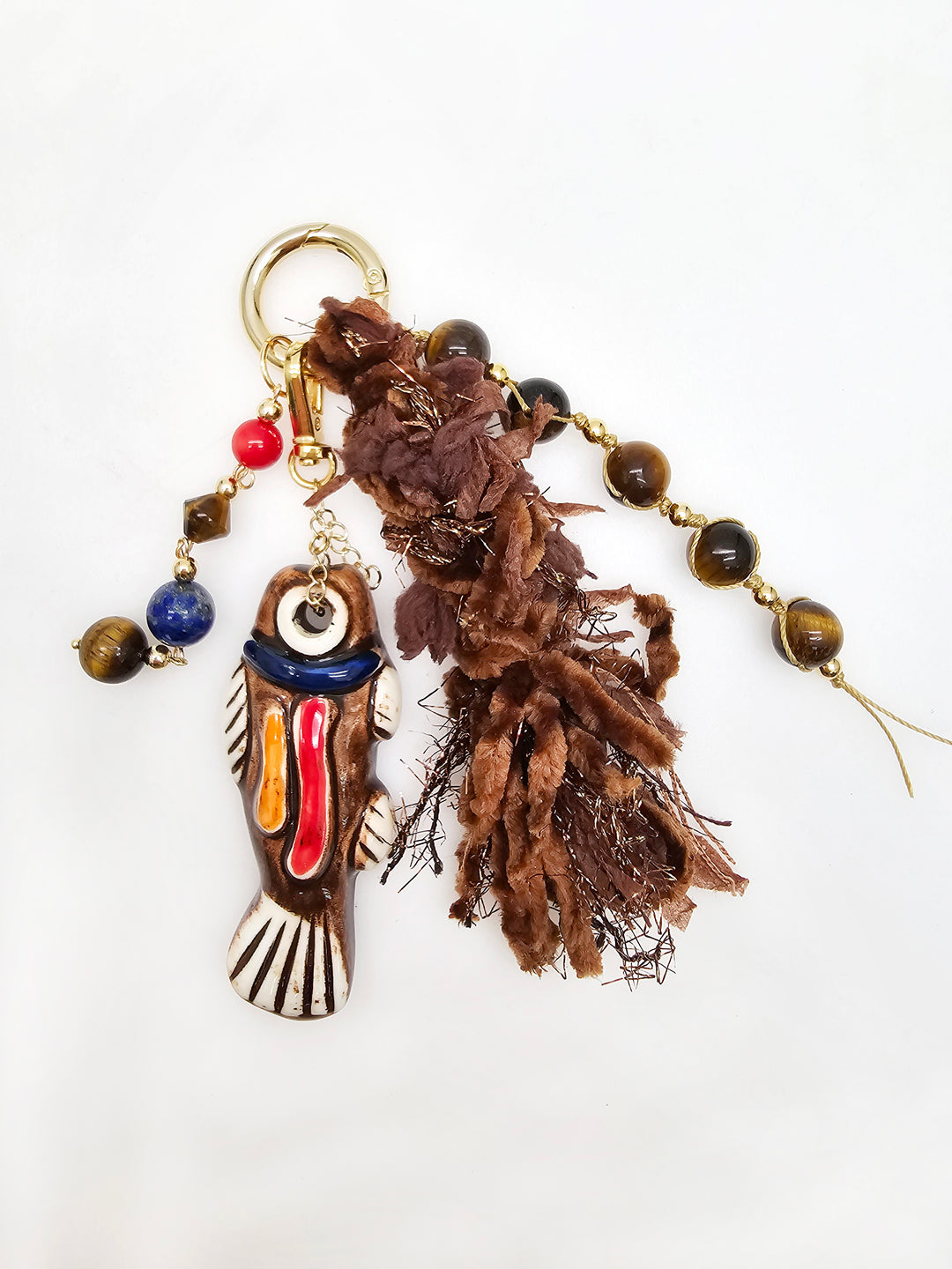 Handcrafted Ceramic Fish With Brown Tiger-eye Stone and Tassel Bag Charm BC020