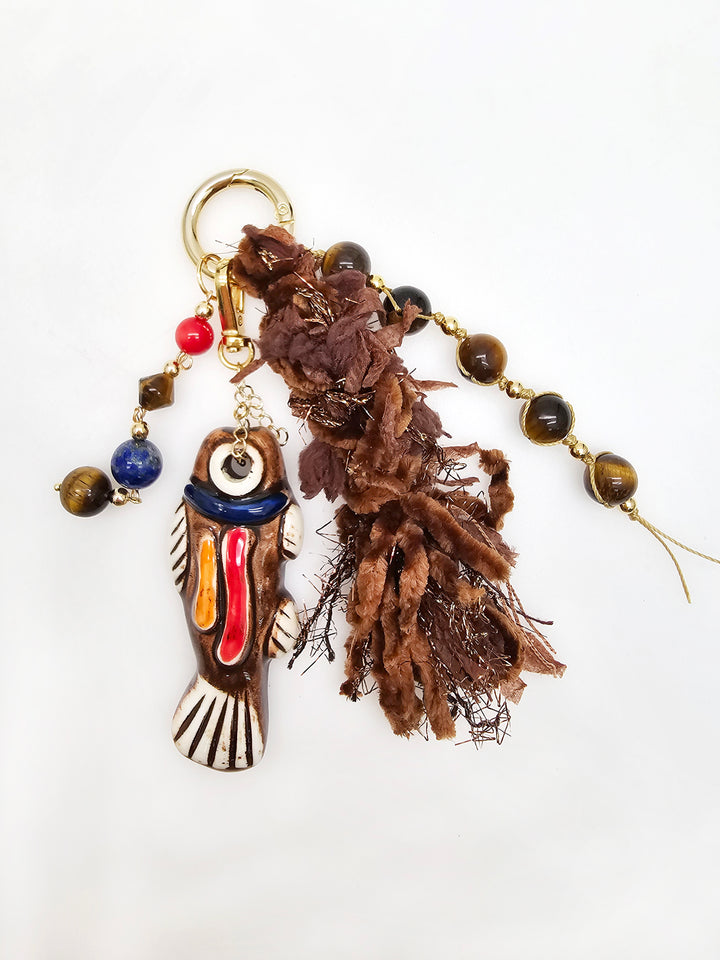 Handcrafted Ceramic Fish With Brown Tiger-eye Stone and Tassel Bag Charm BC020