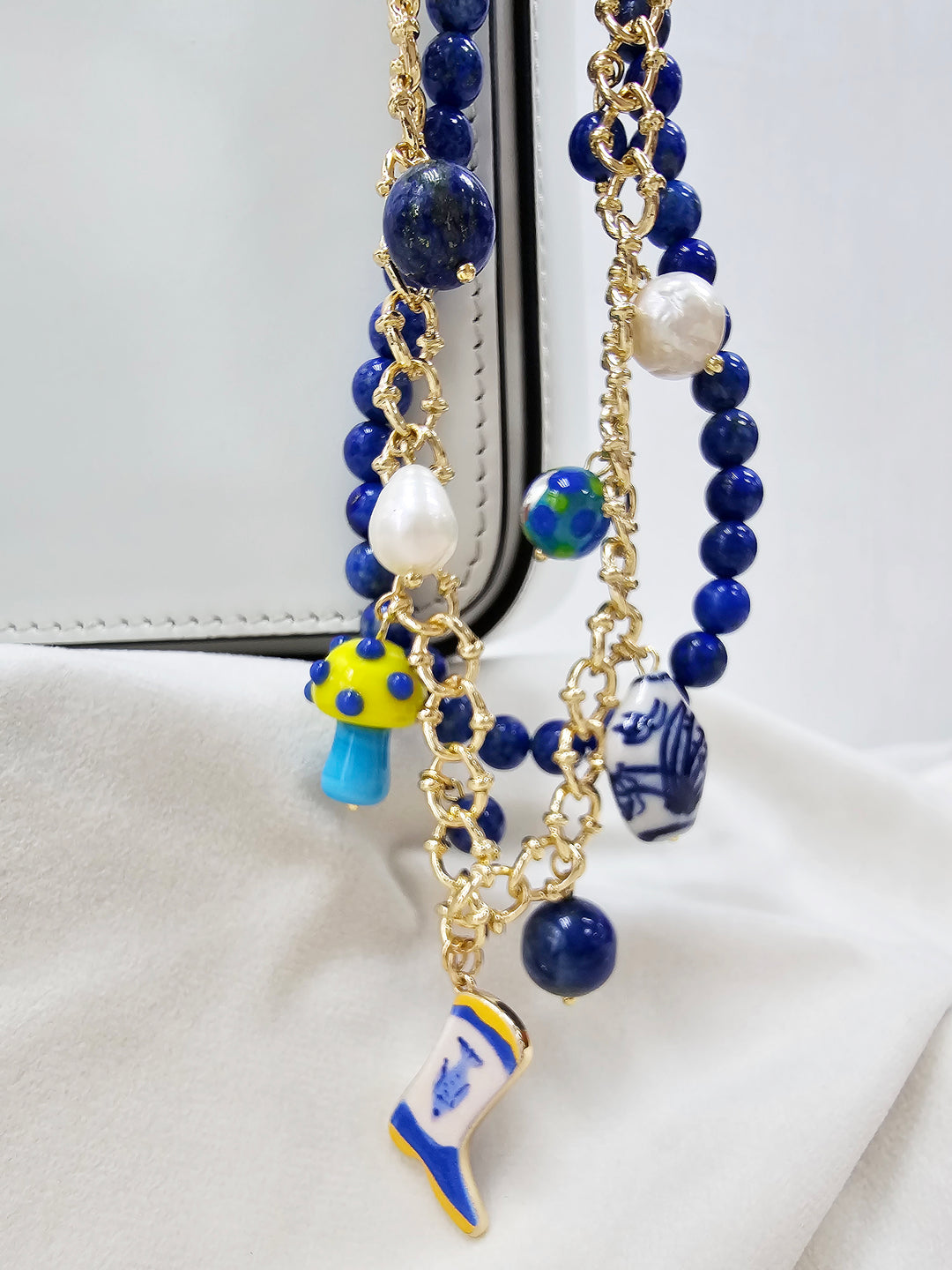 Lapis With Mushroom And Boots Double Layers Chain Bag Charm BC007