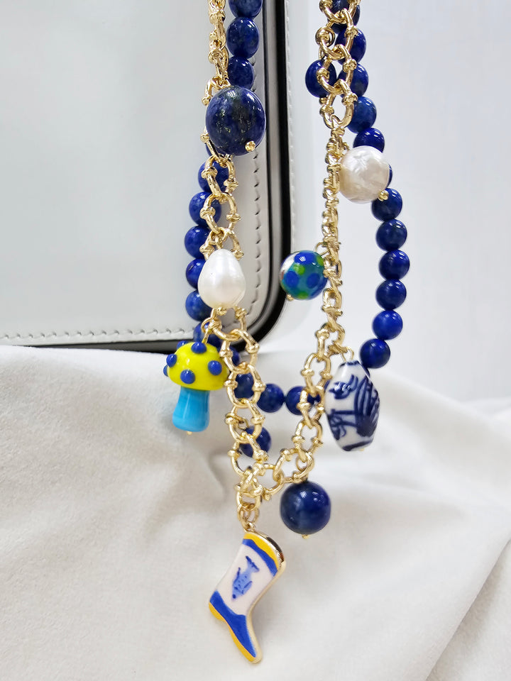Lapis With Mushroom And Boots Double Layers Chain Bag Charm BC007