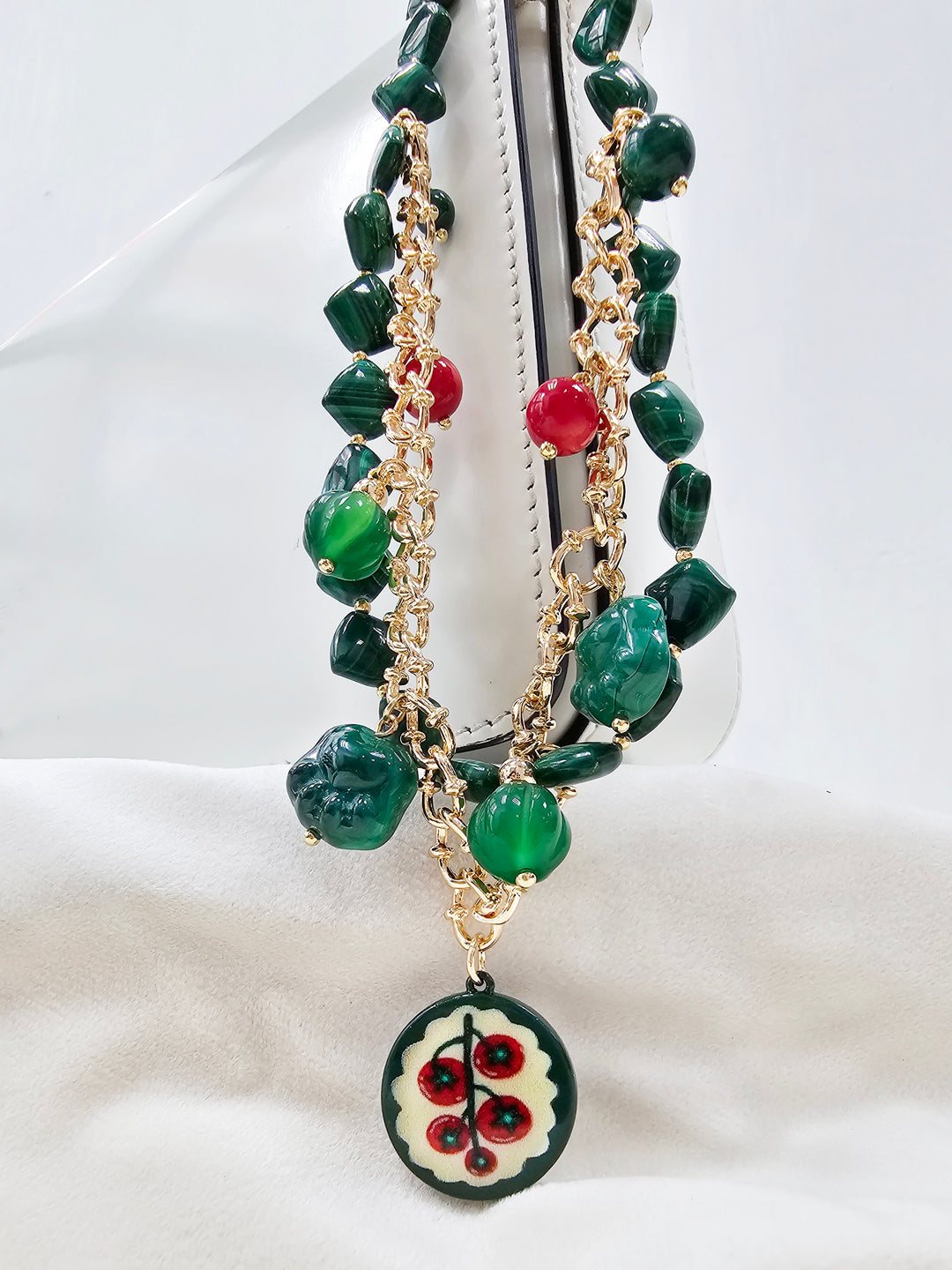 Malachite With Cat Paw Double Layers Bag Charm BC008