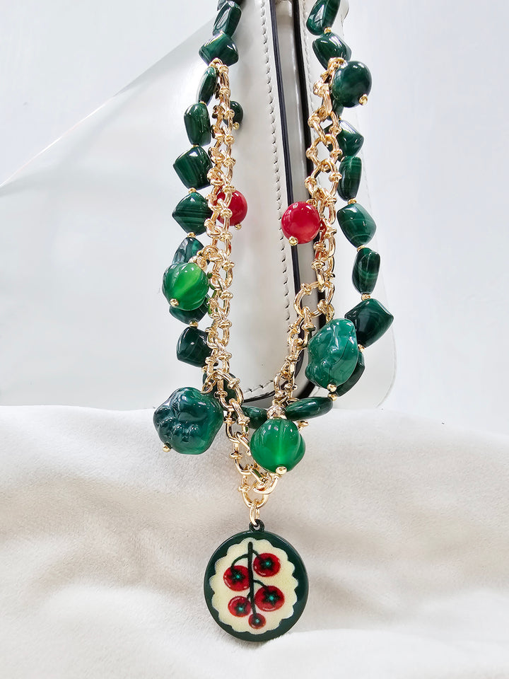 Malachite With Cat Paw Double Layers Bag Charm BC008