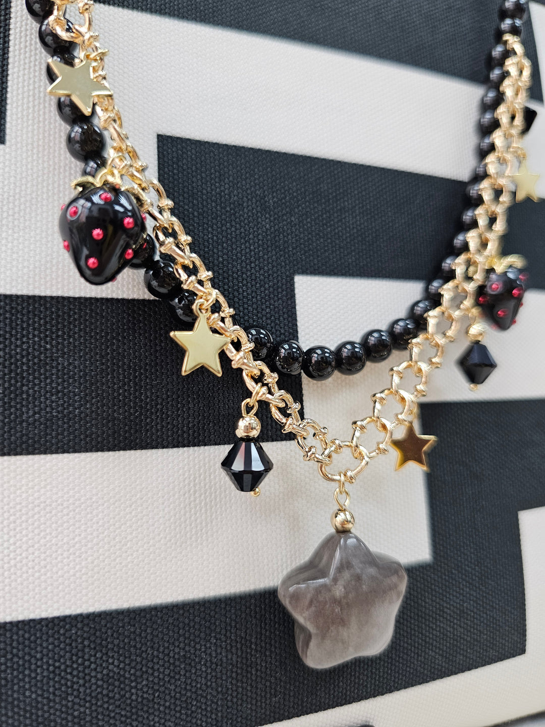 Black Obsidian Star With Strawberry Double Layers Bag Charm BC011