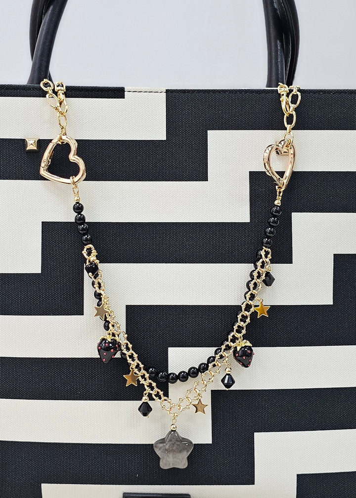 Black Obsidian Star With Strawberry Double Layers Bag Charm BC011