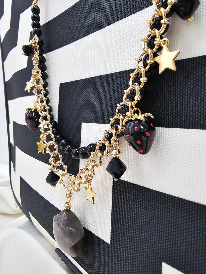 Black Obsidian Star With Strawberry Double Layers Bag Charm BC011