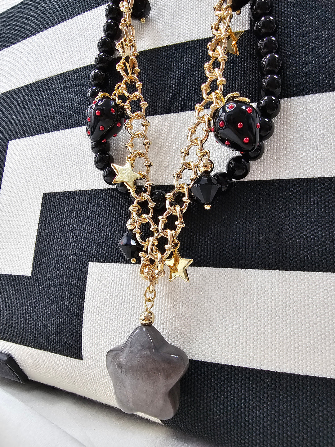 Black Obsidian Star With Strawberry Double Layers Bag Charm BC011