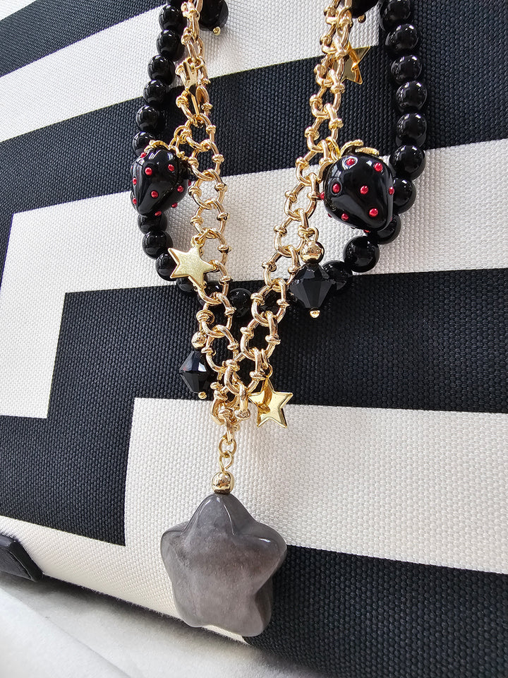 Black Obsidian Star With Strawberry Double Layers Bag Charm BC011