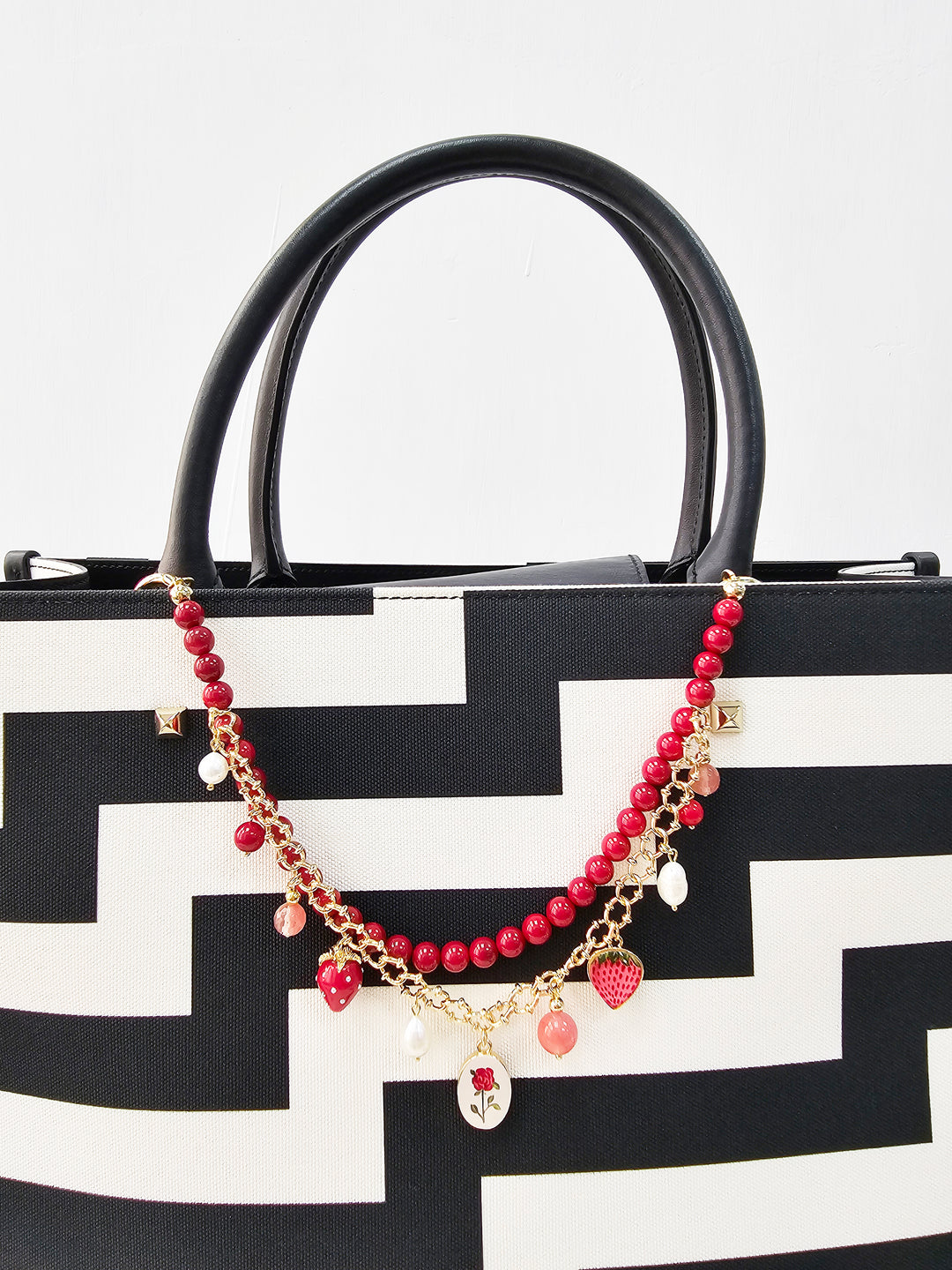Red Bamboo Coral With Strawberry and Rose Double Layers Chain Bag Charm BC009