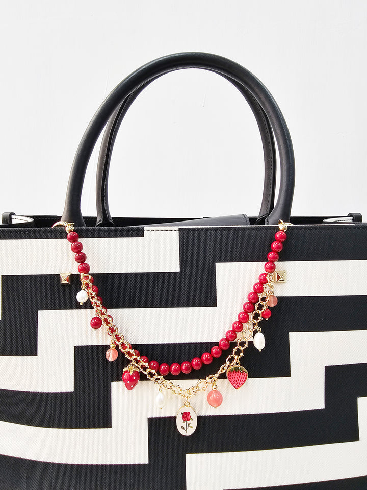 Red Bamboo Coral With Strawberry and Rose Double Layers Chain Bag Charm BC009