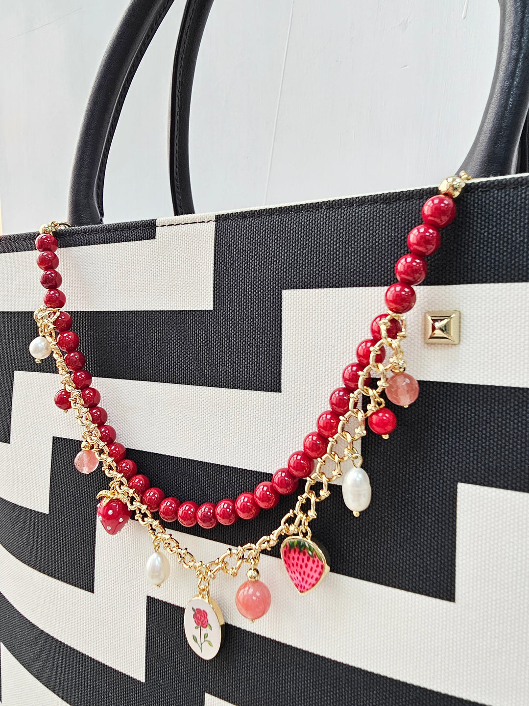 Red Bamboo Coral With Strawberry and Rose Double Layers Chain Bag Charm BC009