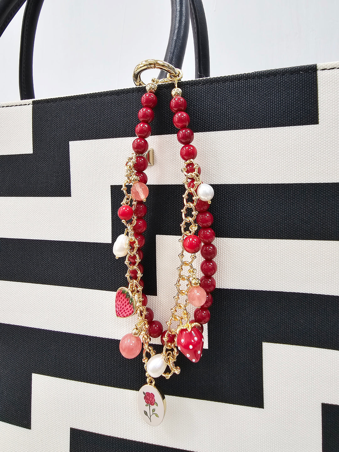 Red Bamboo Coral With Strawberry and Rose Double Layers Chain Bag Charm BC009