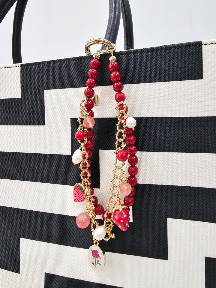 Red Bamboo Coral With Strawberry and Rose Double Layers Chain Bag Charm BC009