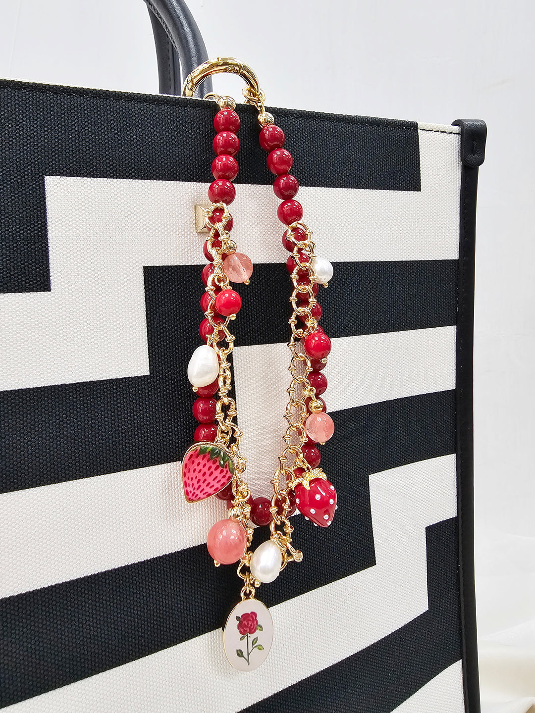 Red Bamboo Coral With Strawberry and Rose Double Layers Chain Bag Charm BC009