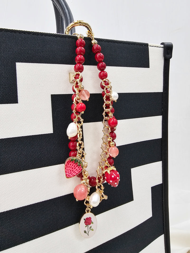 Red Bamboo Coral With Strawberry and Rose Double Layers Chain Bag Charm BC009