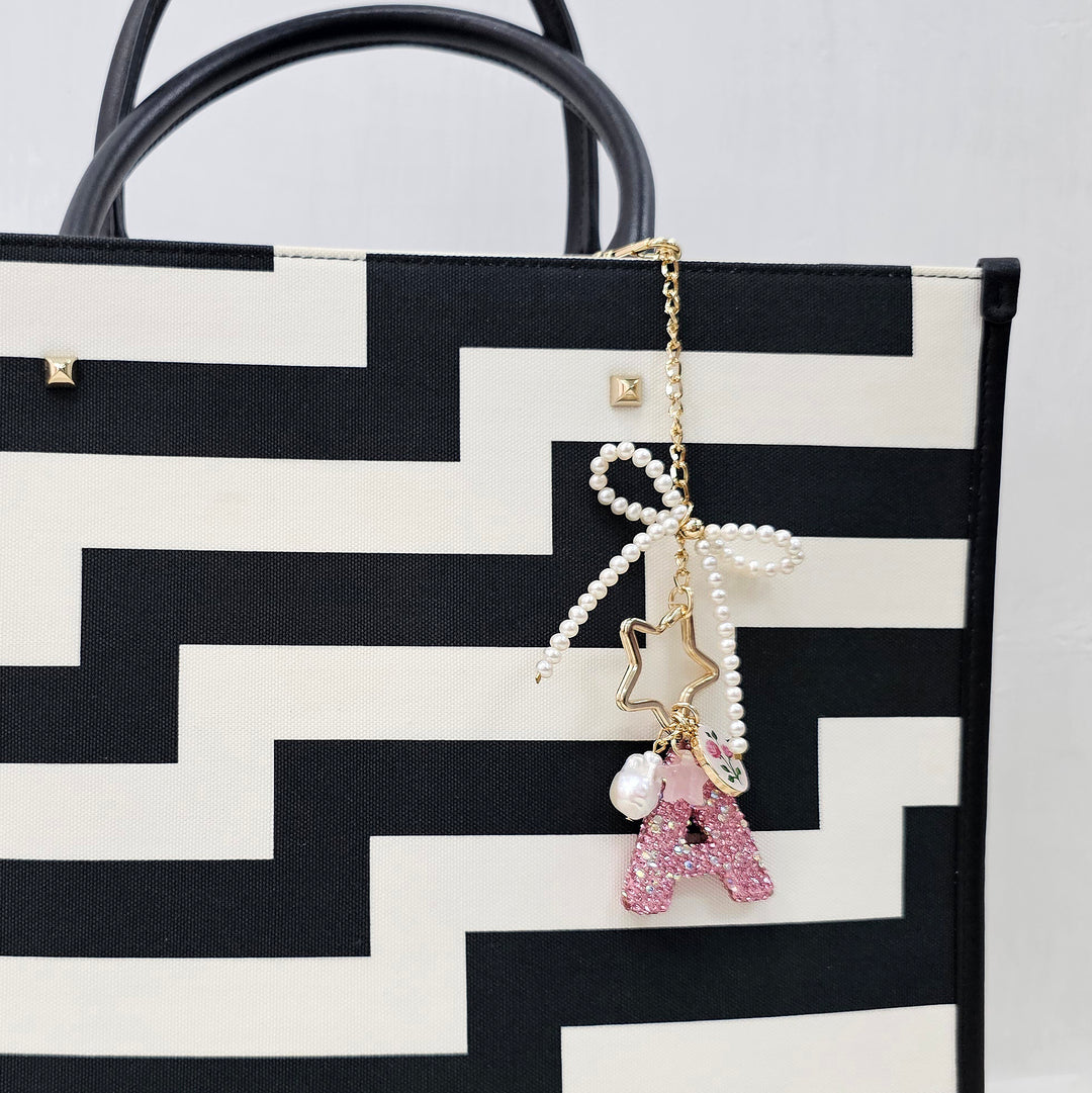 Personalized Sparkling Rhinestone Initial Letter With Pearls Bag Charm BC017