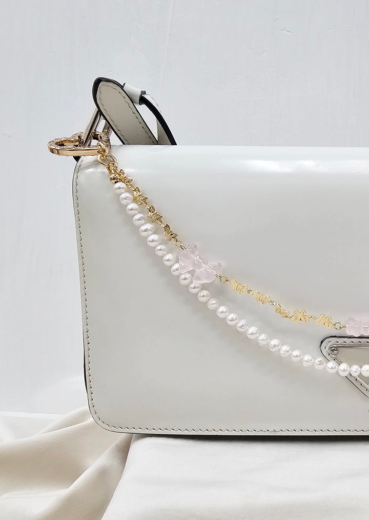 Rose Quartz Bowknot With Freshwater Pearls Double Layers Bag Charm BC006