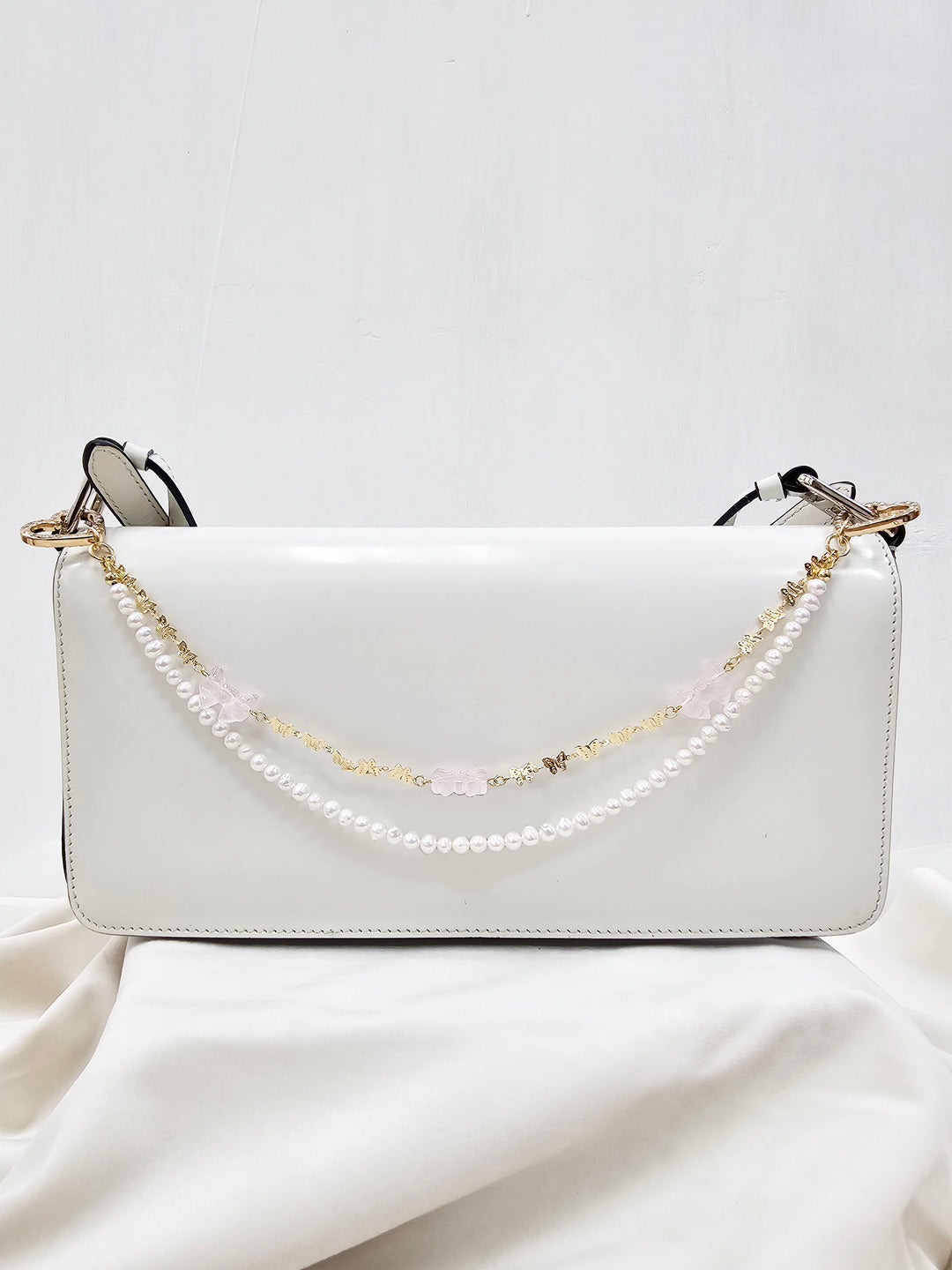 Rose Quartz Bowknot With Freshwater Pearls Double Layers Bag Charm BC006