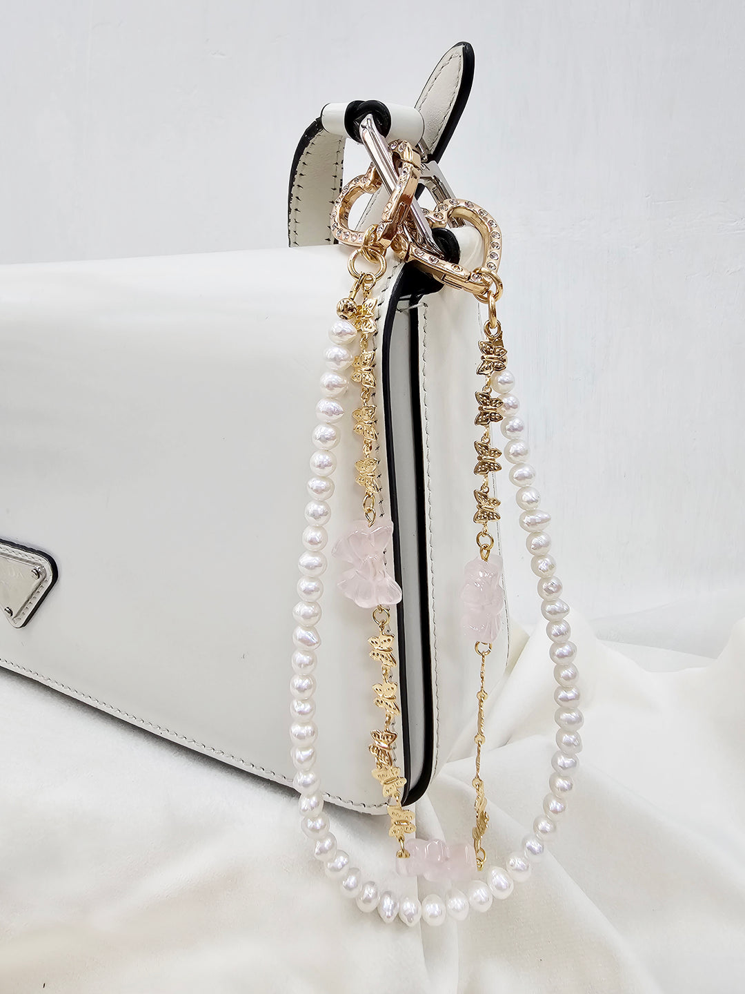 Rose Quartz Bowknot With Freshwater Pearls Double Layers Bag Charm BC006