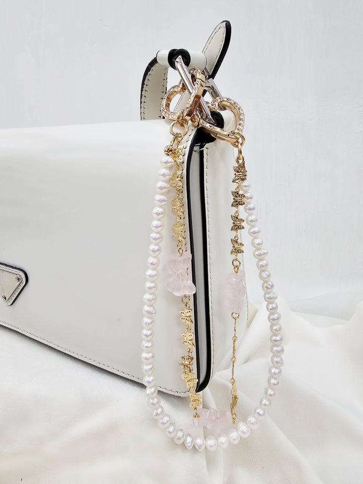Rose Quartz Bowknot With Freshwater Pearls Double Layers Bag Charm BC006