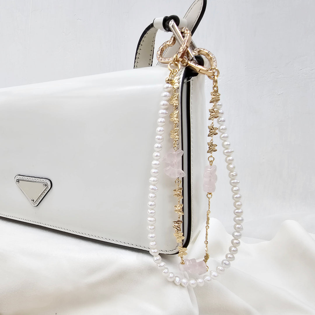 Rose Quartz Bowknot With Freshwater Pearls Double Layers Bag Charm BC006