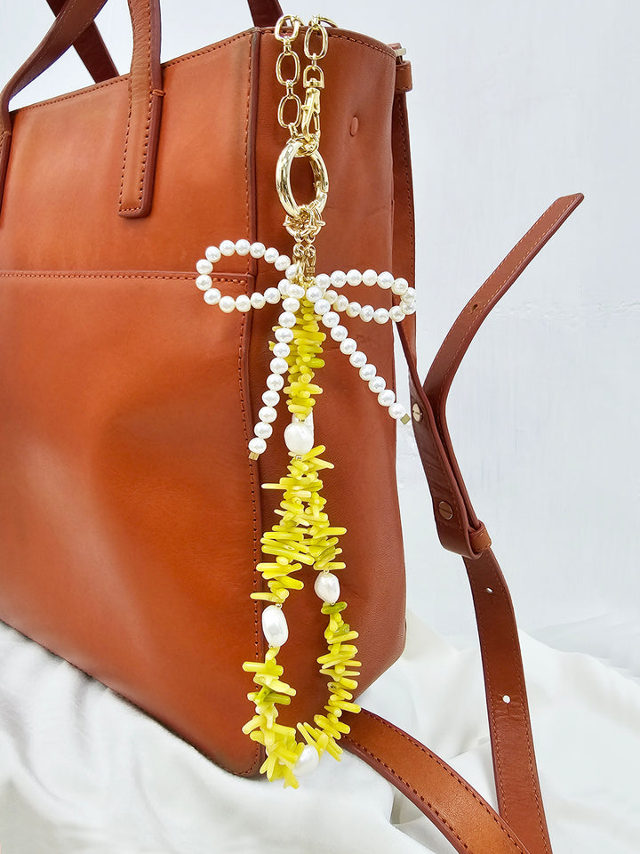 Yellow Bamboo Coral With Bowknot Freshwater Pearl Bag Charm BC019