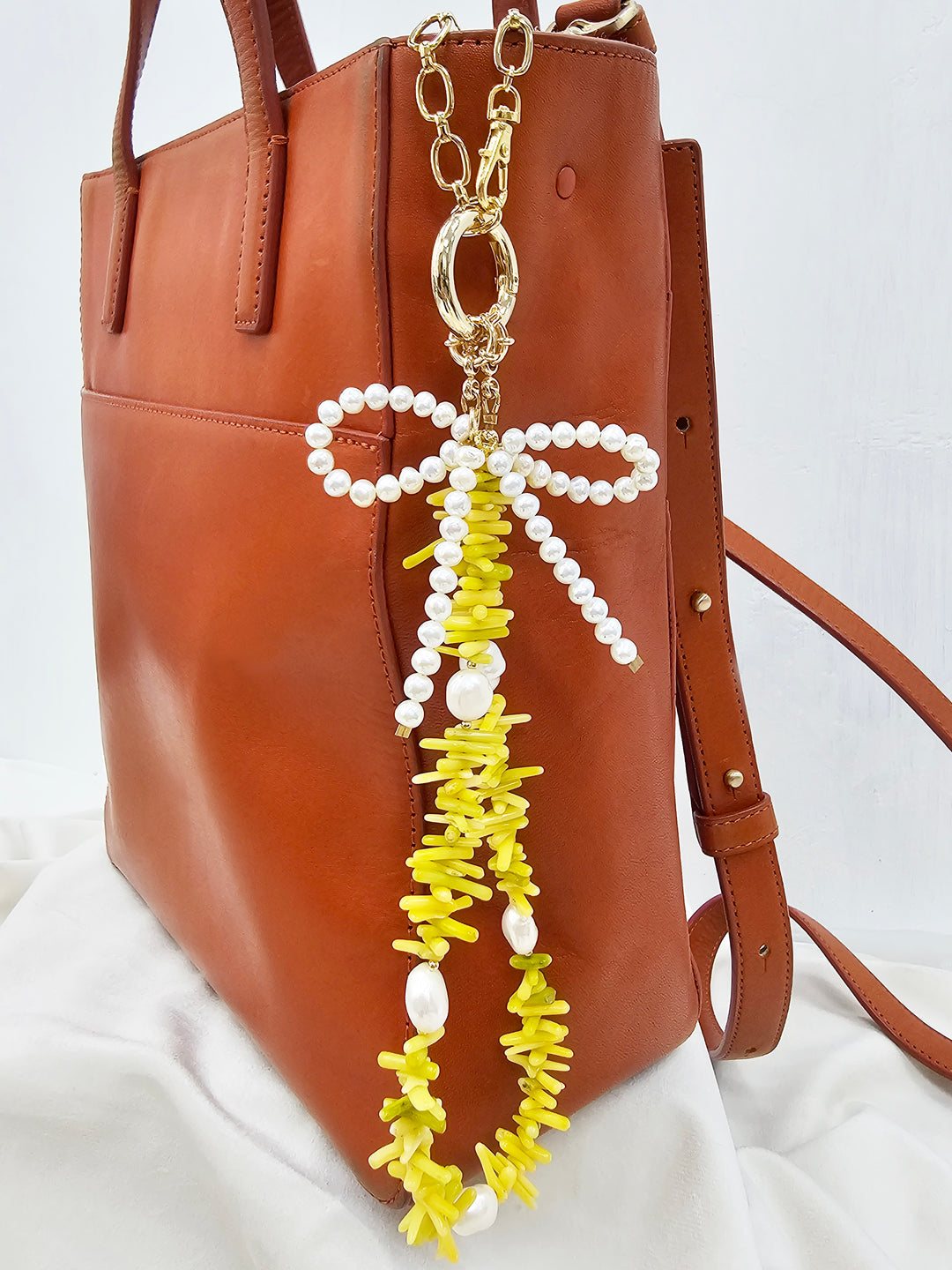Yellow Bamboo Coral With Bowknot Freshwater Pearl Bag Charm BC019