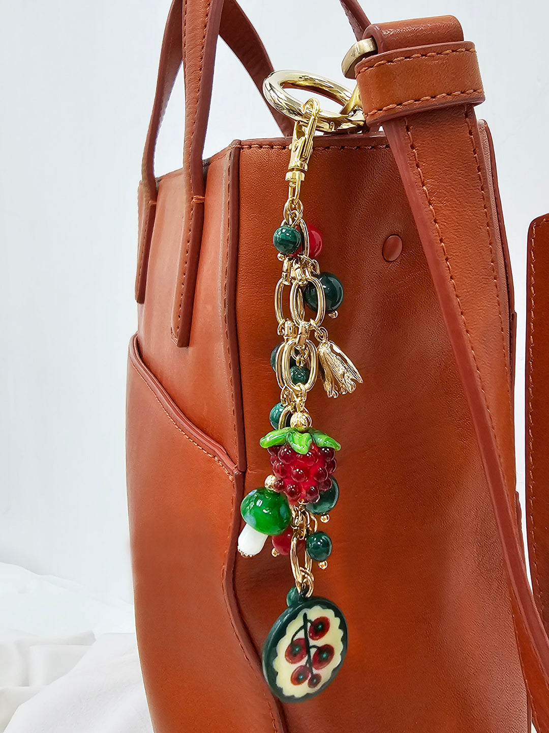 Playful Malachite With Mushroom Raspberry Bag Charm BC021