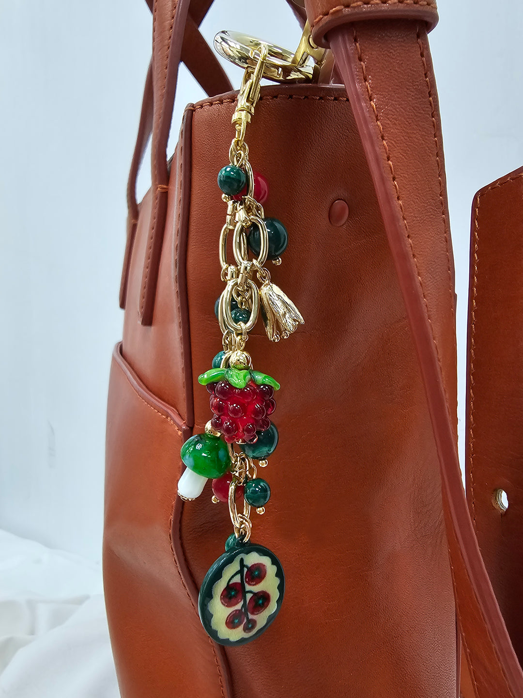 Playful Malachite With Mushroom Raspberry Bag Charm BC021
