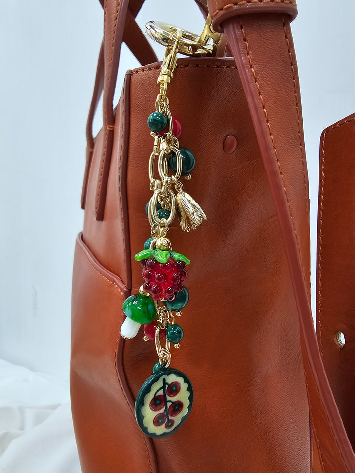 Playful Malachite With Mushroom Raspberry Bag Charm BC021