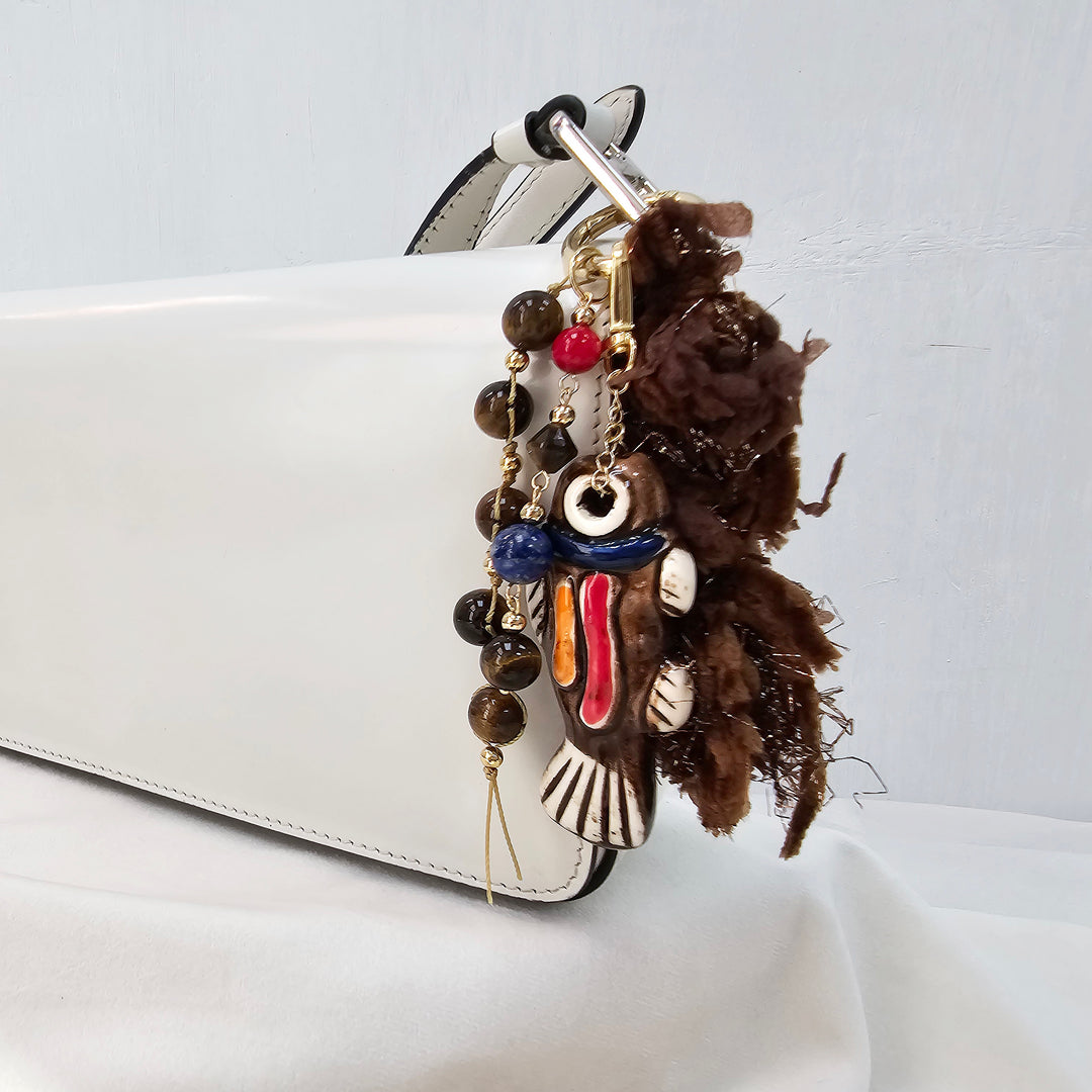Handcrafted Ceramic Fish With Brown Tiger-eye Stone and Tassel Bag Charm BC020