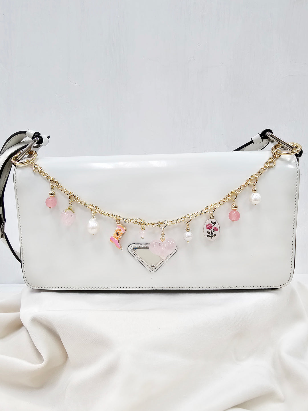 Meaningful Freshwater Pearls And Heart Rose Quartz Chain Bag Charm BC003