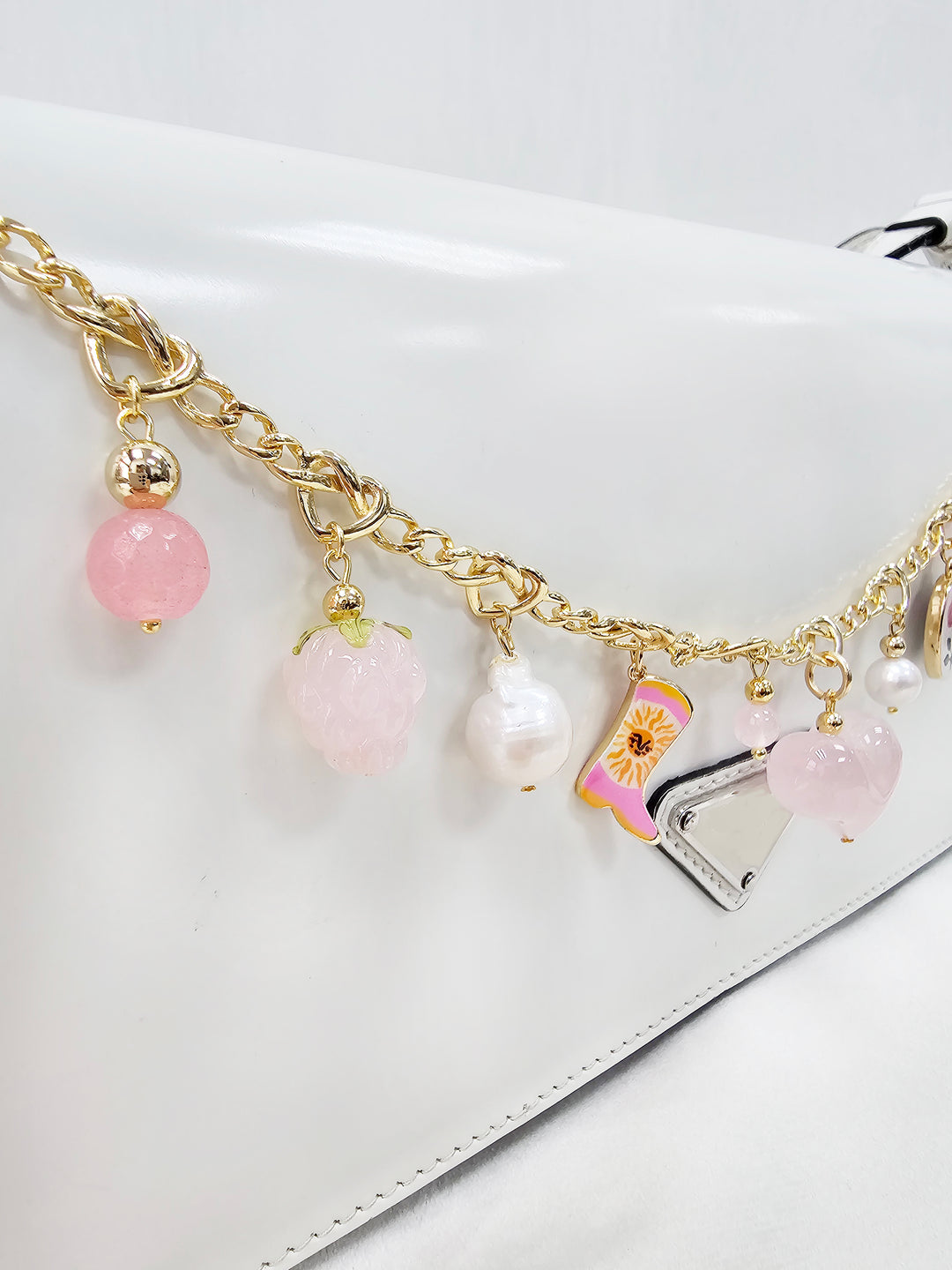 Meaningful Freshwater Pearls And Heart Rose Quartz Chain Bag Charm BC003
