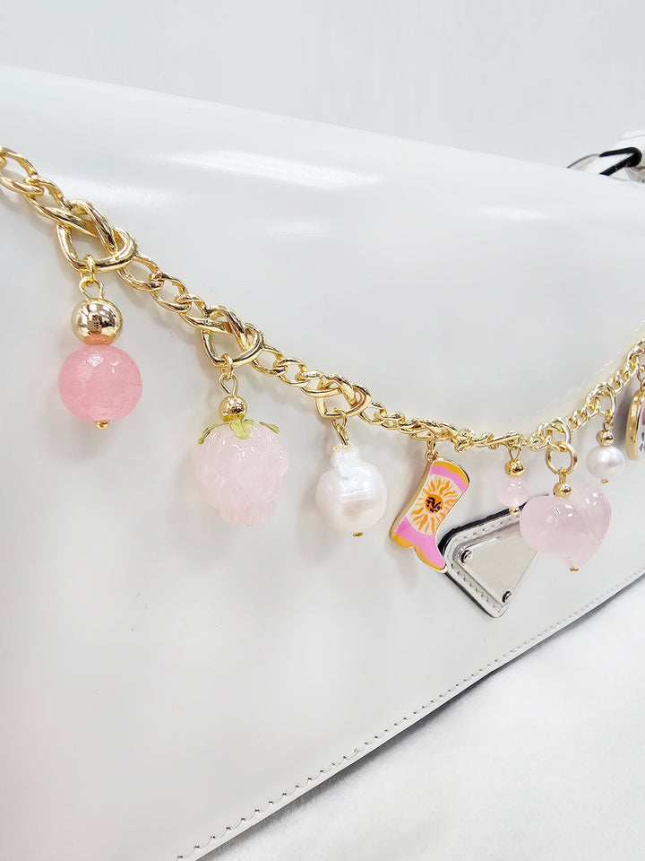 Meaningful Freshwater Pearls And Heart Rose Quartz Chain Bag Charm BC003