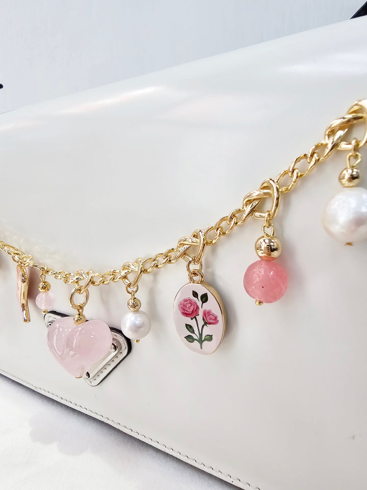 Meaningful Freshwater Pearls And Heart Rose Quartz Chain Bag Charm BC003