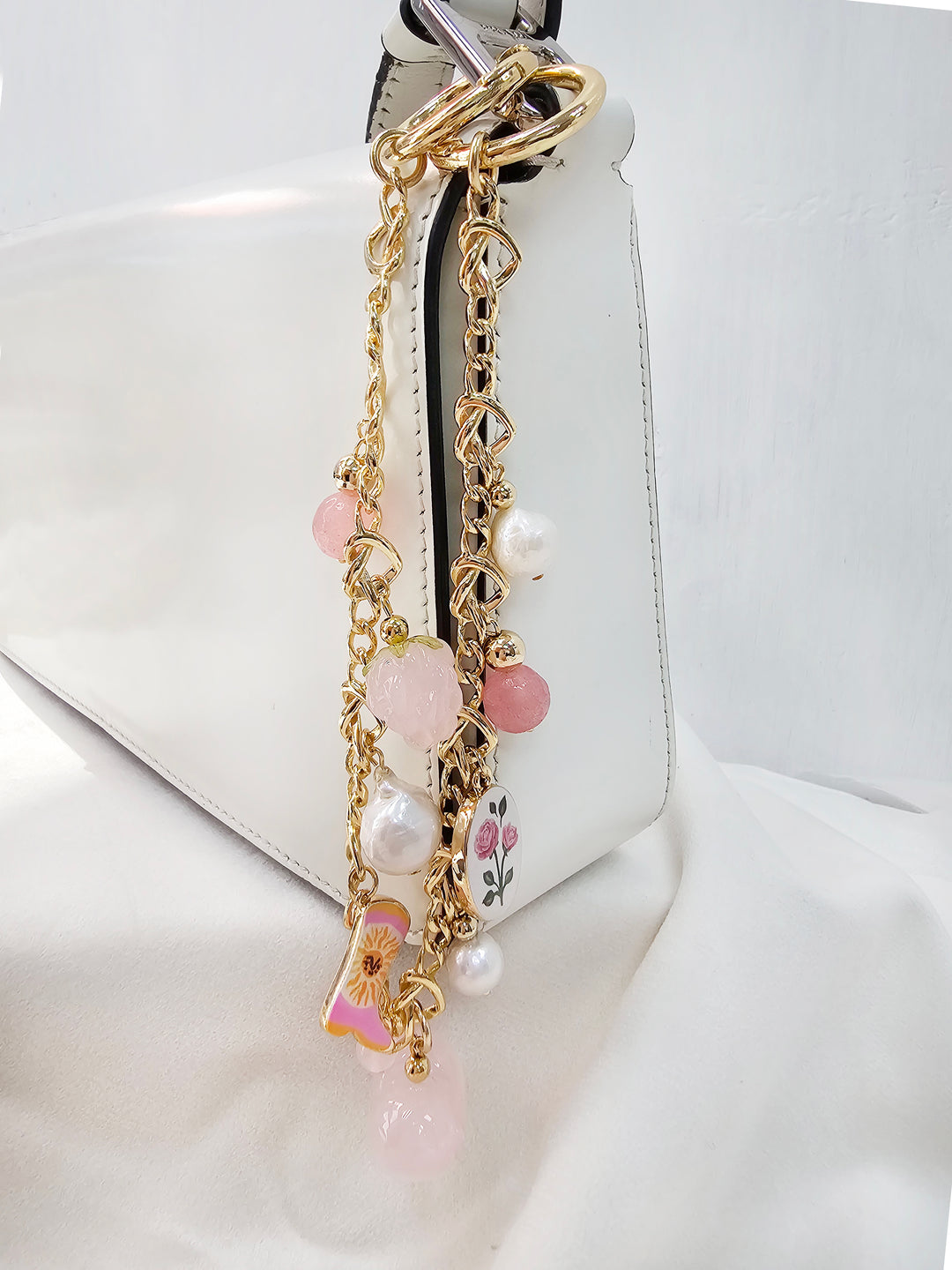 Meaningful Freshwater Pearls And Heart Rose Quartz Chain Bag Charm BC003