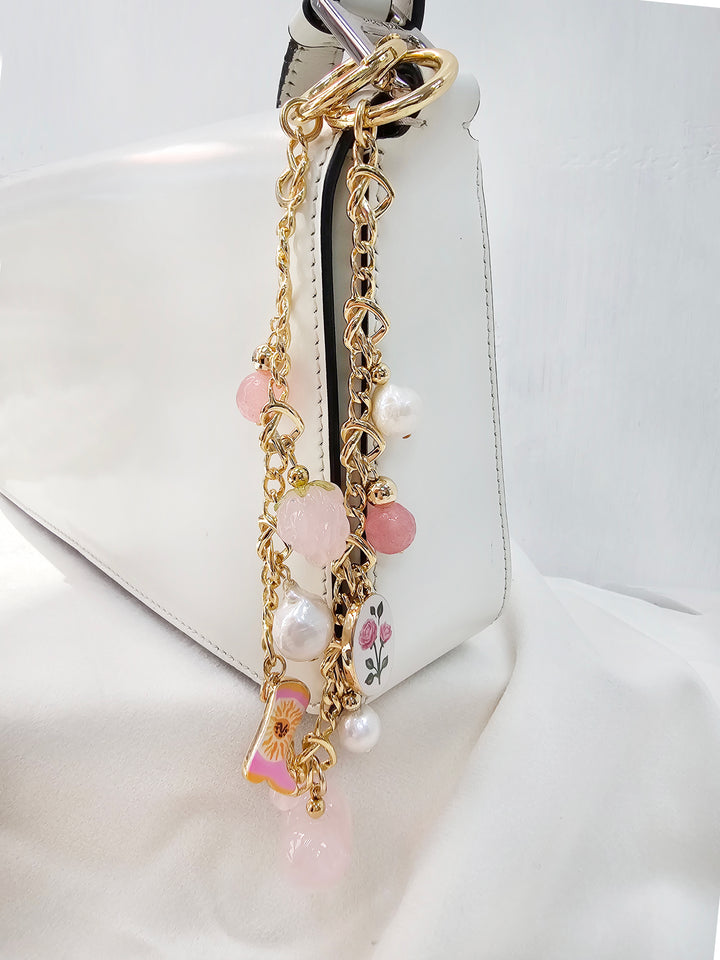 Meaningful Freshwater Pearls And Heart Rose Quartz Chain Bag Charm BC003