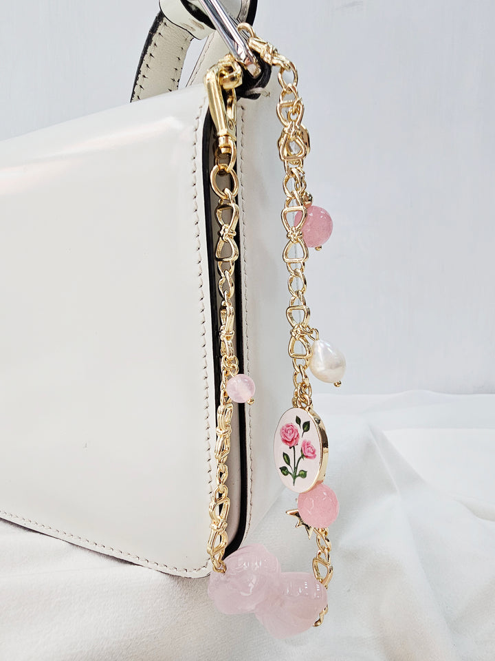 Rose Quartz Bowknot With Rose Chain Bag Charm BC012