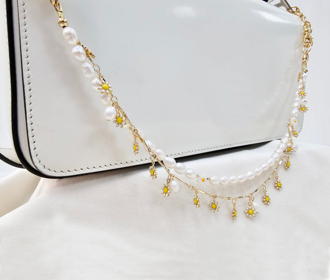 Freshwater Pearls With Daisy Flower Double Layers Bag Charm BC002