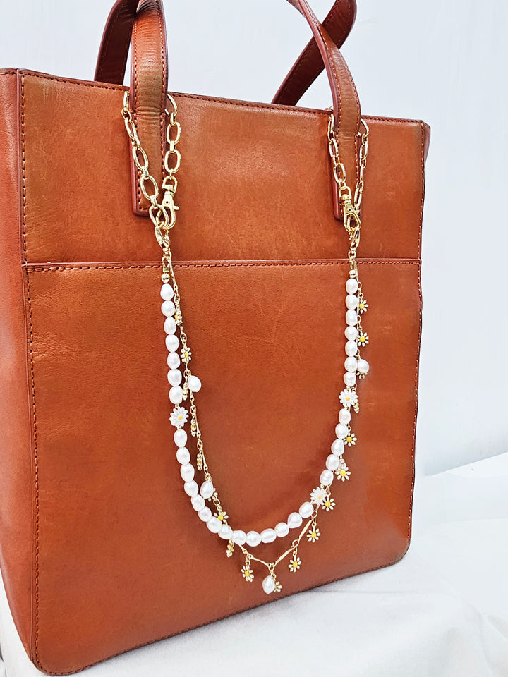 Freshwater Pearls With Daisy Flower Double Layers Bag Charm BC002